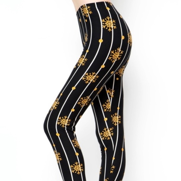 New Mix Pants - Holiday Black & Gold Snowflake Leggings